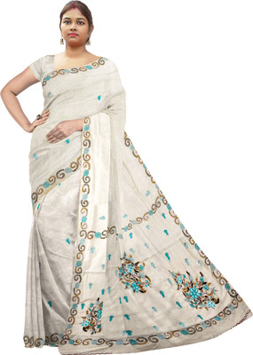 SHRISTI CLOTHINGS Embroidered Kantha Silk Blend Saree(Beige)
