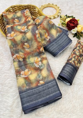 Pionex Woven, Printed Daily Wear Cotton Linen Saree(Grey)