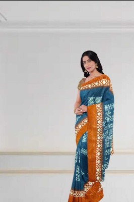 Classy Foriever Printed Ikkat Cotton Blend Saree(Light Blue)