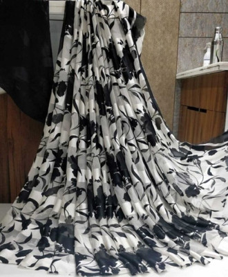 Bombey Velvat Fab Hand Painted, Ombre, Geometric Print, Animal Print, Graphic Print, Polka Print, Floral Print Jamdani Georgette, Satin Saree(White, Black)