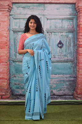 Tropwear Printed Ikkat Pure Cotton Saree(Blue)