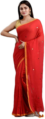 Joyguru Textile Self Design Handloom Cotton Blend Saree(Red)