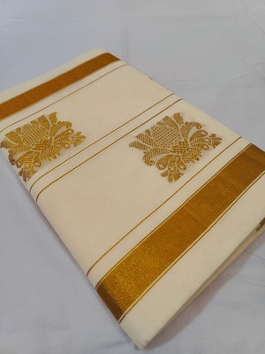 Kjs Embellished Kasavu Pure Cotton Saree(Beige)