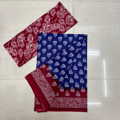 RAVI JANKI Printed Daily Wear Pure Cotton Saree(Blue, Red)