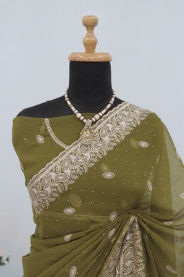 MIYANIFAB Embroidered Bollywood Organza Saree(Light Green)