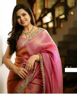 solid hendloom plus Embroidered Saree with Attached Blouse Net Saree(Orange)
