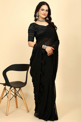 SAADHYA CREATION Embroidered, Solid/Plain Bollywood Chiffon Saree(Black)