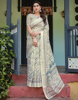 Samah Printed Bollywood Linen Saree(Cream)