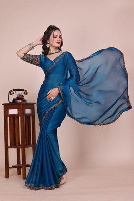 V AMAN FASHION Solid/Plain, Self Design, Embroidered Bollywood Chiffon, Jimmy choo Saree(Blue)