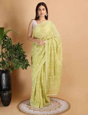 SHWET Embroidered Lucknow Chikankari Cotton Blend Saree(Green)