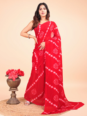 VIBHAGYAA Printed Bandhani Georgette Saree(Red)