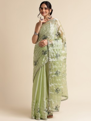 FABMORA Embroidered, Embellished Bollywood Organza Saree(Light Green)