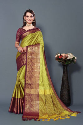 MM VENTURE Self Design Kanjivaram Pure Silk Saree(Yellow)