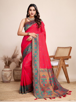 OFLINE SELECTION Woven Paithani Jacquard Saree(Red)