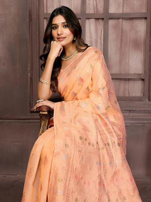 Janasya Woven Kanjivaram Cotton Blend Saree(Orange)