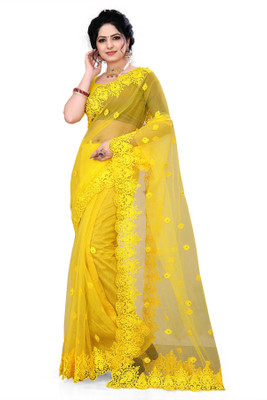 DEVKISONDESIGNER Self Design, Embroidered Bollywood Net Saree(Yellow)