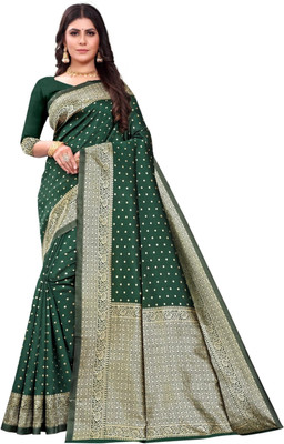 ETHNICHITZ Self Design, Floral Print Kanjivaram Pure Silk, Cotton Silk Saree(Dark Green)
