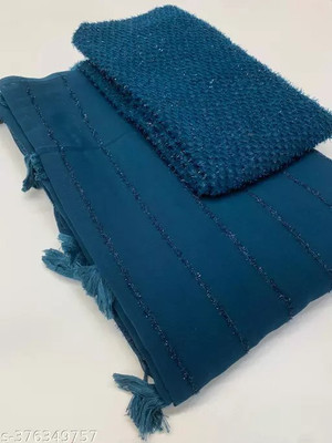Infyshopy Fashions Striped, Embroidered, Self Design, Solid/Plain Bollywood Georgette Saree(Blue)