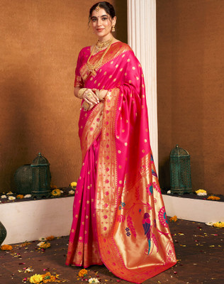 Divastri Woven, Embellished Paithani Silk Blend, Jacquard Saree(Pink)