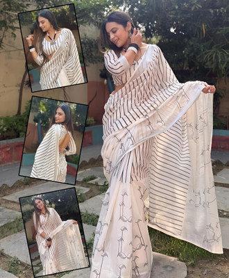 VCREATION Digital Print Bollywood Cotton Linen Saree(Grey)