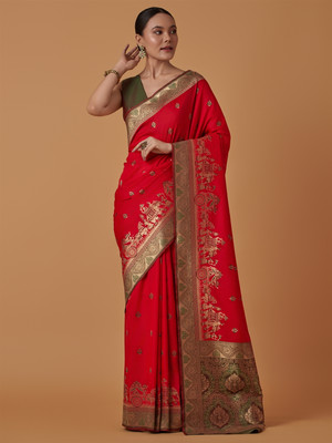 Monjolika Fashion Woven, Embellished Banarasi Silk Blend Saree(Red)