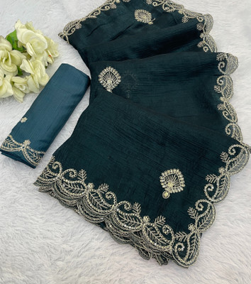 LAJEELEE Embroidered Bollywood Jimmy choo Saree(Dark Blue)