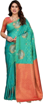 MOON VOGUE Self Design Saree with Attached Blouse Art Silk Saree(Green)