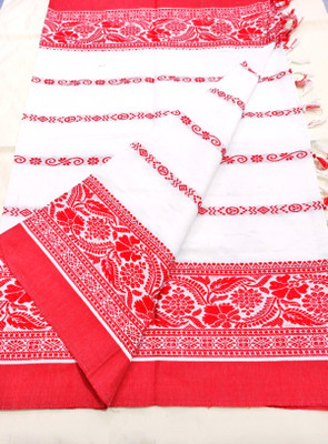 DIVINE Woven Kanjivaram Pure Cotton Saree(White, Red)