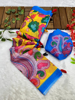 FULIYA SILK Digital Print Kalamkari Linen Saree(Multicolor)