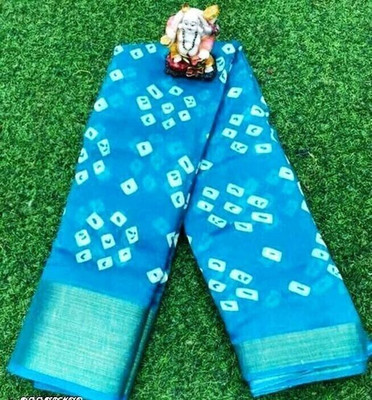METHRIN CREATION Polka Print Bandhani Cotton Blend Saree(Light Blue)