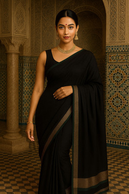 Luxury Collection Solid/Plain Banarasi Silk Blend Saree(Black)