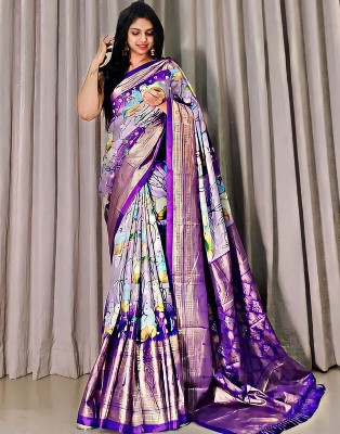 Sanwariya Silks Floral Print Chanderi Cotton Blend Saree(Purple)