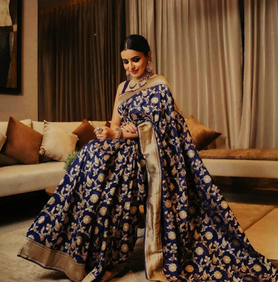 Spetila Woven Kanjivaram Silk Blend, Jacquard Saree(Blue)