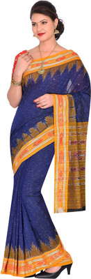 handloom paridhaan Dyed, Woven, Temple Border, Hand Painted Handloom Pure Cotton Saree(Beige, Blue)