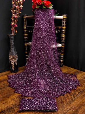 KRIVITY Self Design Bollywood Net Saree(Purple)