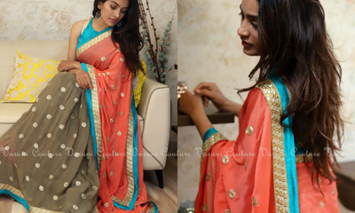 PRATYAMFASHION Embellished, Embroidered, Floral Print, Woven, Self Design, Paisley, Temple Border Bollywood Georgette Saree(Brown, Pink)