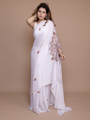 ANOUK Printed Saree with Attached Blouse Satin Saree(White)