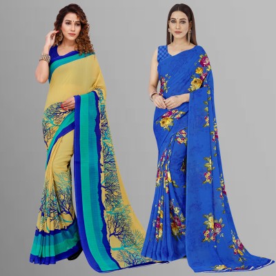 Anand Sarees Floral Print Daily Wear Georgette Saree(Pack of 2, Beige, Green, Multicolor)