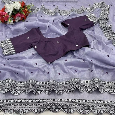 DV FASHION Embroidered Bollywood Net Saree(Purple)