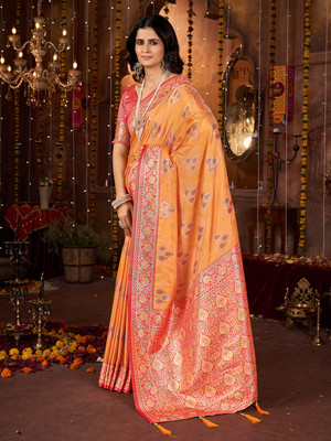Mehrang Self Design Banarasi Silk Blend Saree(Red, Orange)