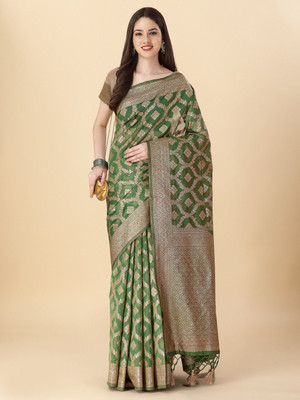 RekhaManiyar Woven, Solid/Plain Banarasi Organza Saree(Dark Green)