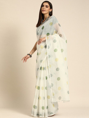 ANOUK Printed Saree with Attached Blouse Linen Saree(White)