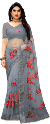 DWINIZAA STORE Embroidered Bollywood Net Saree(Grey)