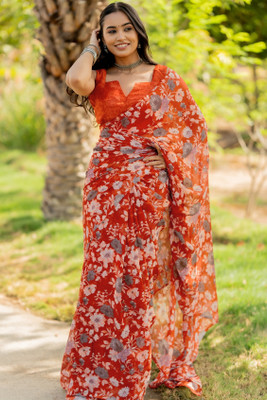 MIRCHI FASHION Floral Print Daily Wear Chiffon, Georgette Saree(Orange, Multicolor)