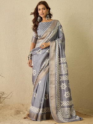 Sareemall Printed Hand Batik Silk Blend Saree(Grey)