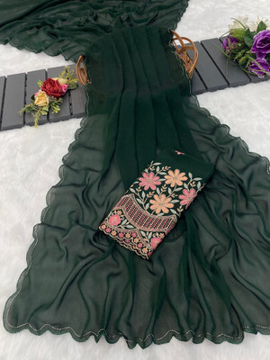 K 5 FASHION Solid/Plain Bollywood Chiffon Saree(Dark Green)