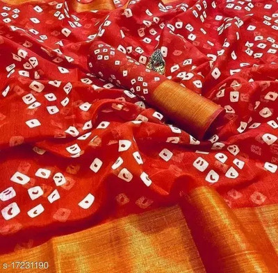 Grubstaker Printed Bandhani Cotton Linen Saree(Red)