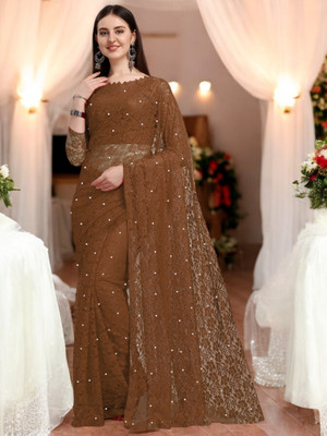 NORAFLEX Embroidered Bollywood Net Saree(Brown)