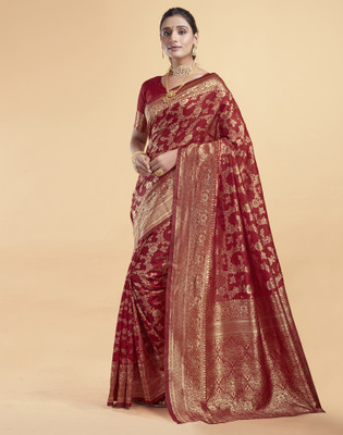 Samah Woven, Embellished Kanjivaram Silk Blend, Jacquard Saree(Red)