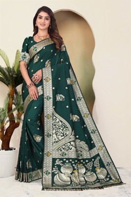 CKDESIGNER Printed, Woven Banarasi Nylon Saree(Dark Green)